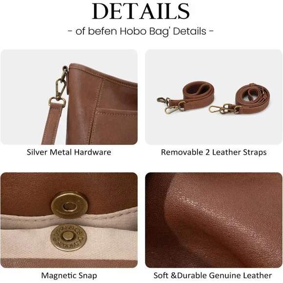 Elegant Genuine Leather Hobo Crossbody Bag with Detachable Straps - 13.39x10.63 - Picture 4 of 5